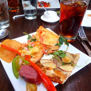 Pizza, ravioli, kielbasa, roasted peppers, homemade chips