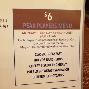 Peak Players $6 breakfast special