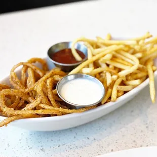 Half Fried Onion Strings half Shoestring Fries
