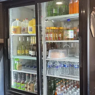 a display case full of drinks