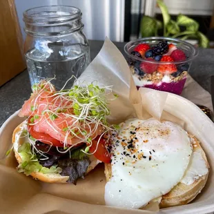 Egg bagel with salmon added