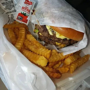 a hamburger and french fries