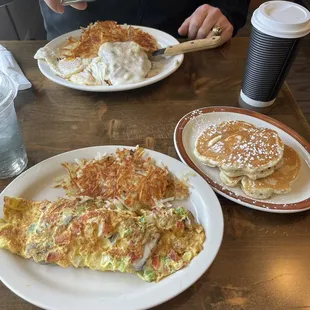 Country fried steak, omelette and pancakes