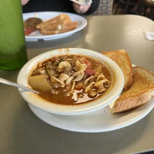 Beef and vegetable soup with grilled cheese