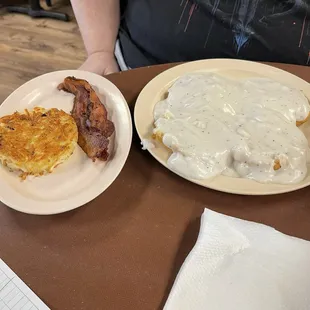 My husband had biscuits and gravy with hash browns and bacon