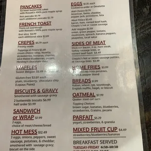 Breakfast menu