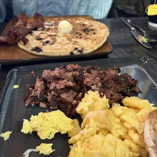 Blueberry pancakes and corned beef hash, homemade