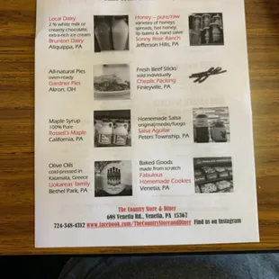 a menu for local products
