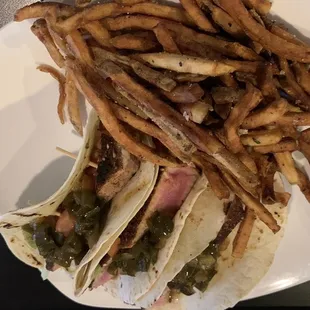 Seared Ahi Tacos and fries
