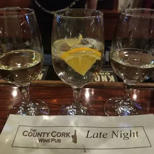 Wine Flight 1: Blue Fish Riesling, White peach sangria (house) and Caposaldo Moscato.