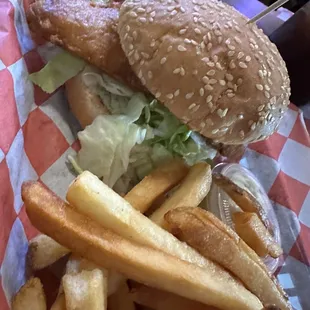 a chicken sandwich and french fries