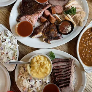 Top to bottom: Bar-b-q platter for two and lean cut beef brisket platter