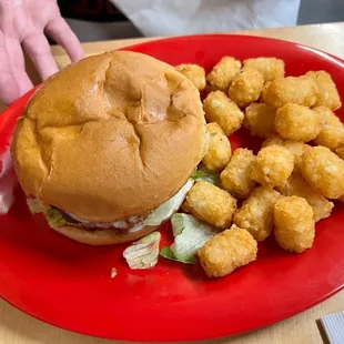a hamburger and tater tots