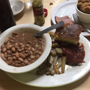 Beans, cornbread, okra, ham and fried potatoes