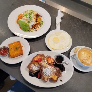 Brown sugar apple spice latte, stuffed french toast, Huevo Ranchos , side hash brown and side of eggs!