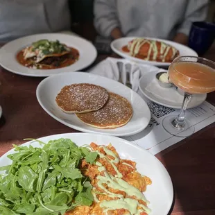 Chorizo scramble , Breakfast Burrito, Side 2 Pancakes, mimosa