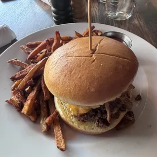 a hamburger and fries