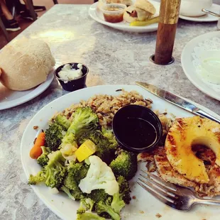 Teriyaki chicken, french dip, onion soup, warm fresh bread