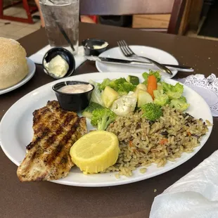 Cajun Grouper with rice Pilaf and veggies