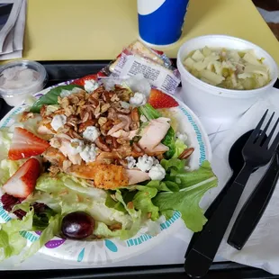Salmon, spinach and strawberry salad with berry yogurt dressing and the chicken noodle soup.