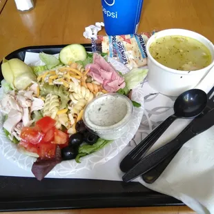 Pasta chef salad with garden ranch. Chicken noodle soup.