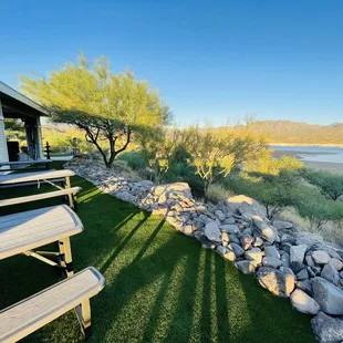 picnic tables overlooking the lake
