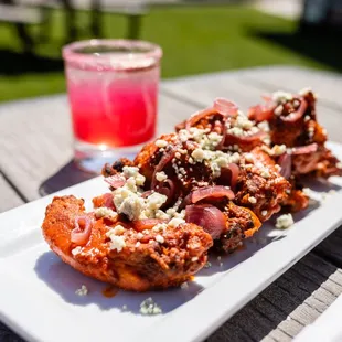 a plate of food and a drink