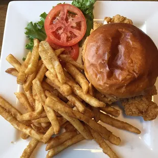Cove chicken sandwich (crispy) with french fries. Love the fries and the sandwich is a nice size for an adult. Very tasty!
