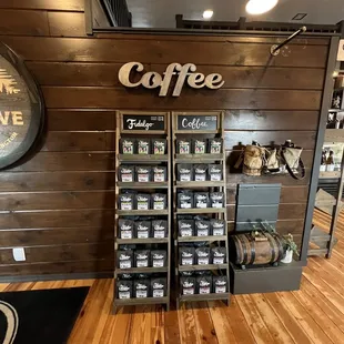 a display of coffee and coffee beans