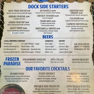Menu of appetizers and alcoholic beverages