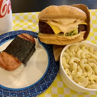 Maui Burger, Macaroni Salad, Spam Sushi, and a drink. A most excellent meal!