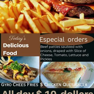 new Item. Cheese Burger, Gyro Cheese Fried. All weekdays $ 10.