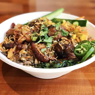 Rice bowl w meatballs and pork belly