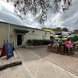 people sitting at tables under umbrellas