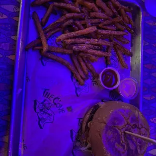 Vegan Bacon Cheese Burger Sweet Potato Fries