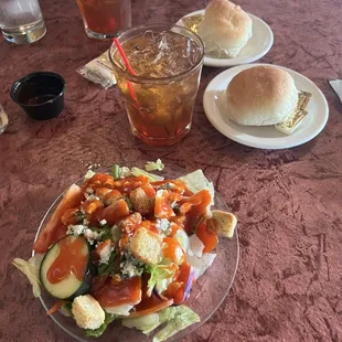 Brandy old fashion, salad and roll.