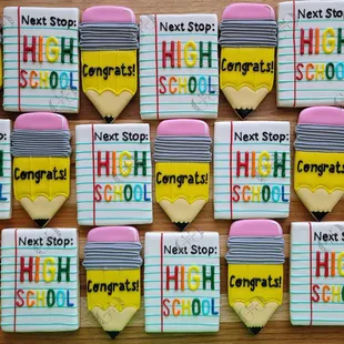 a row of decorated cookies with the words high school