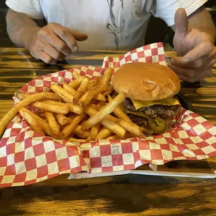 Double cheeseburger large fries $10.99.