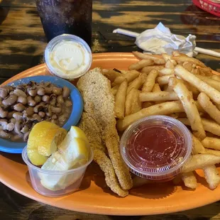 Catfish with fries and black eyed peas $9.99