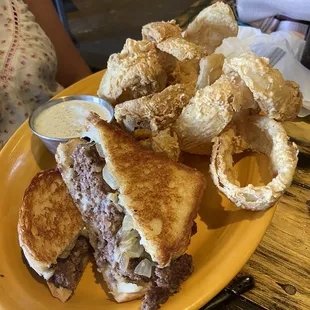 Patty Melt with onion rings $9.99