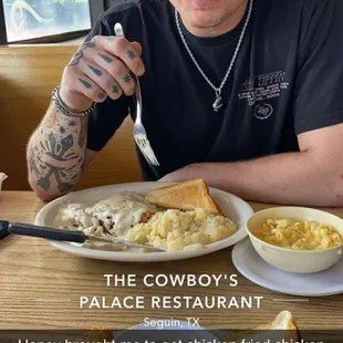 Chicken fried chicken green beans and taters and the chicken fried steak Mac n cheese and taters  and my hunk of a hubby