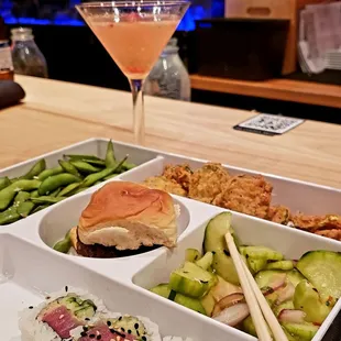 THE COWFISH BENTO BOX  burger and Spicy Tuna Roll with fried pickels, Thai cucumbers, and edamame. FANTASTIC!
