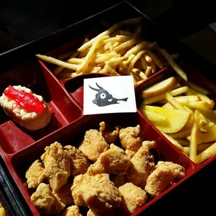 Ninja Nuggets kids meal. Check out the french fry cut apples and rice krispy swedish fish &apos;sushi&apos;