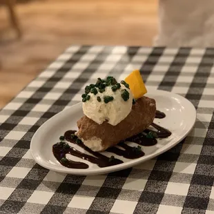 Dessert. Ice cream disguised as a baked potato! The &quot;cheese&quot; was delicious.