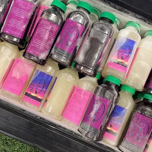 a variety of bottles of juice