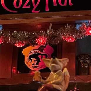 Just like my buddy here, sit back and enjoy a cold one at the Cozy Nut!