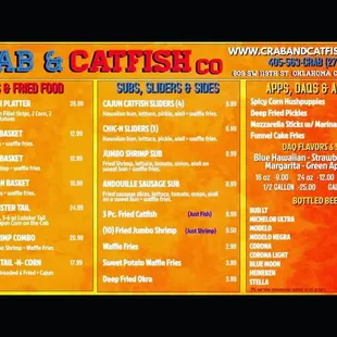 the menu for crab and catfish