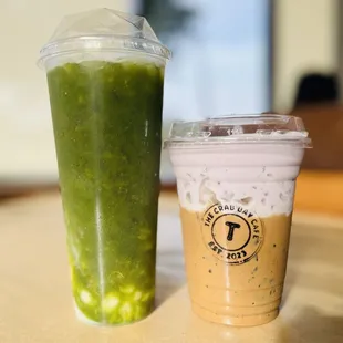 Custard-apple matcha tea and ube coffee