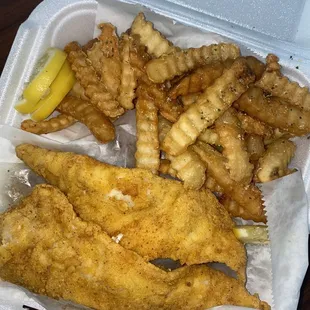 Fried whitening fish + fries + lemon pepper wings