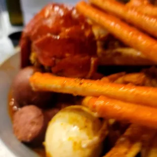 Lobster, sausage, snow crab, eggs